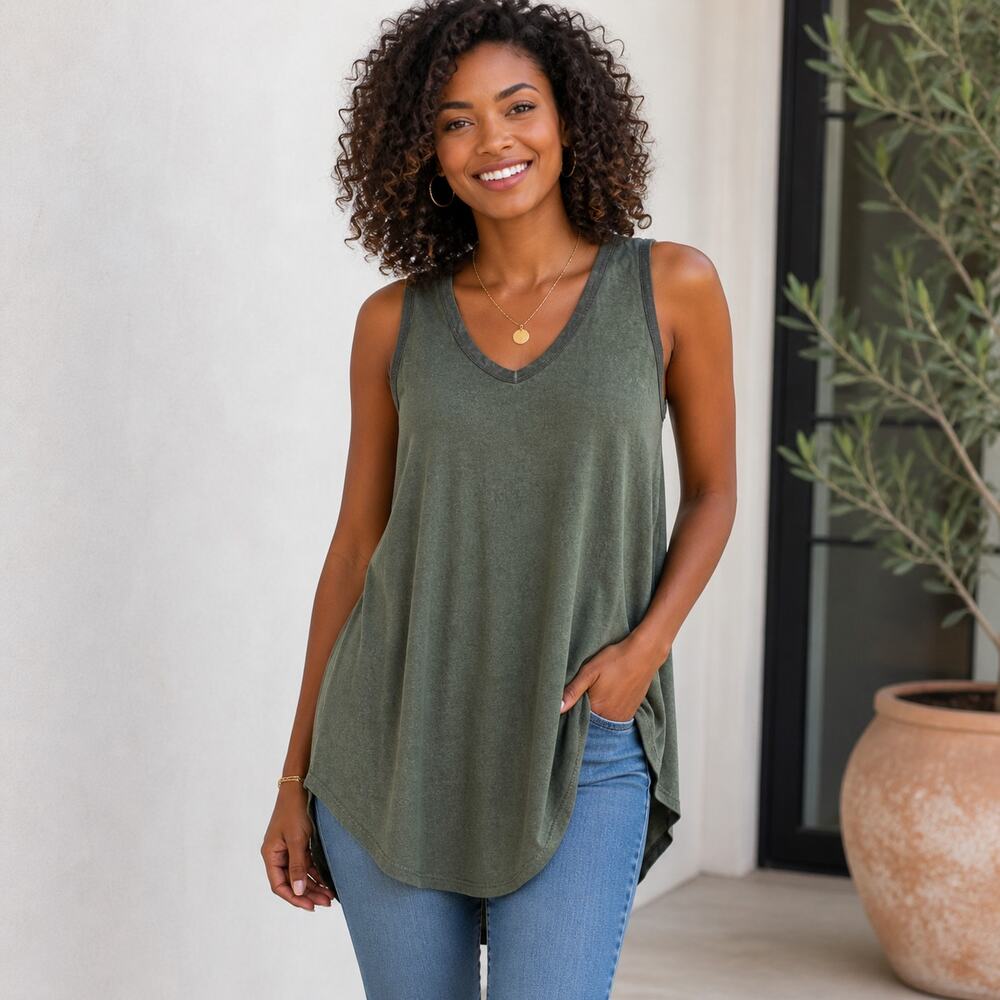 TBH To Be Honest Womens Medium Green Dirty Wash Tunic Tank Top NWT
